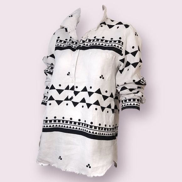 J Crew Linen Popover Top Button Up Aztec Print White - Picture 1 of 5
